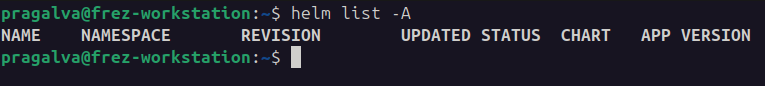 A terminal running helm list -A and returning only the header row: no Helm releases remain on the cluster.