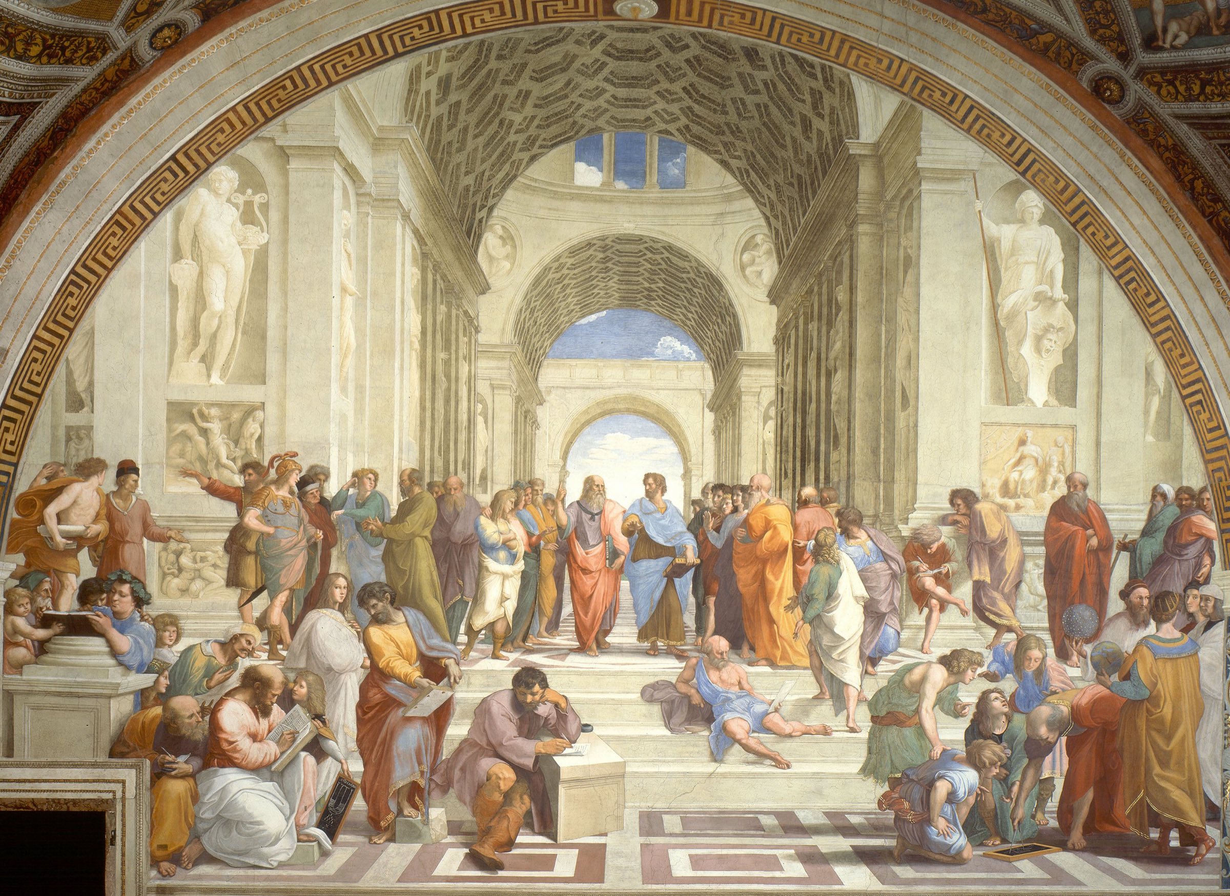 Raphael's School of Athens: philosophers gathered on the steps of a vaulted hall